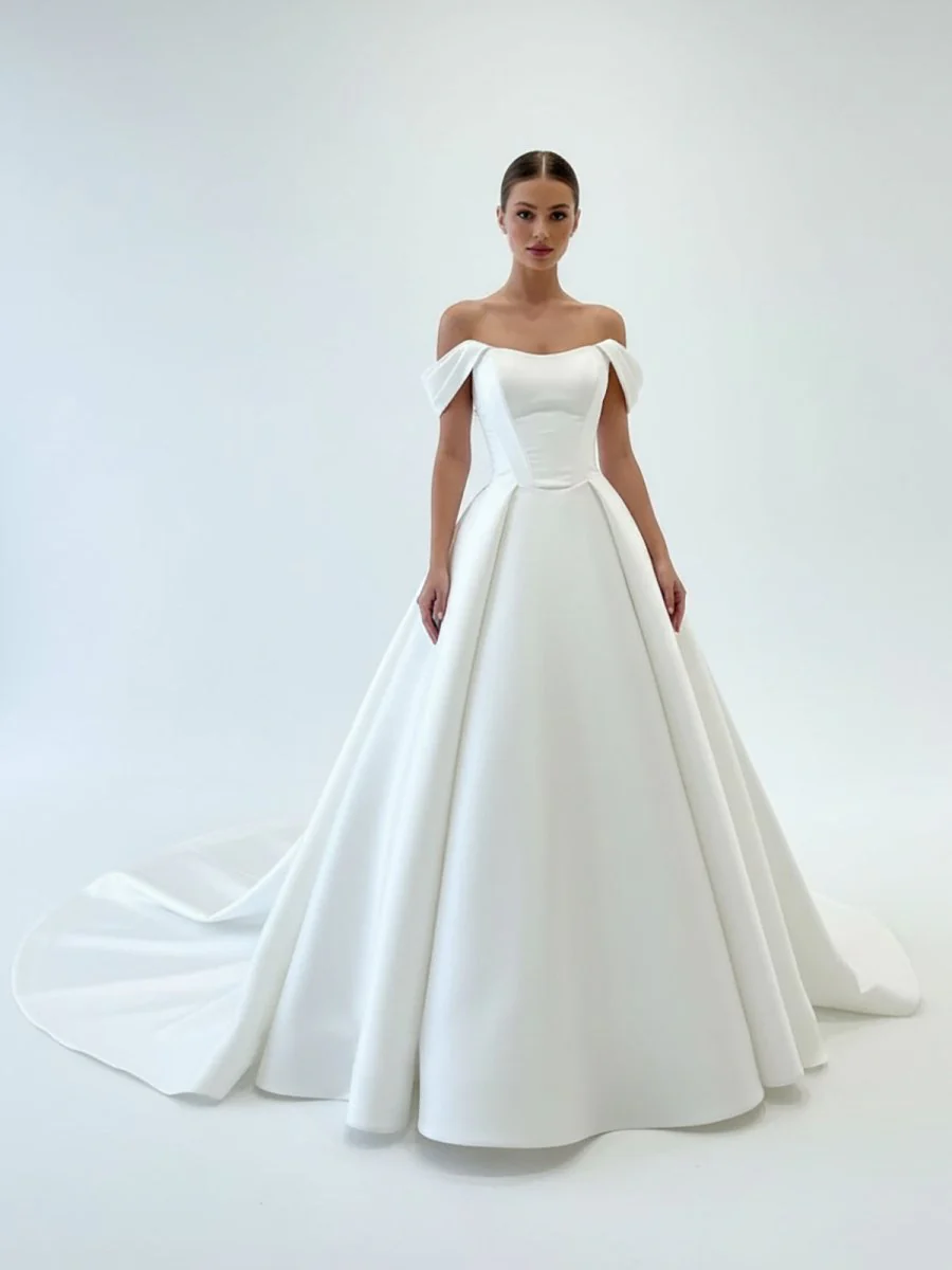 Elegant A-Line Off the Shoulder White Satin Wedding Dresses