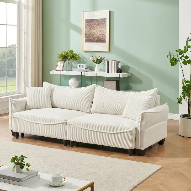 White / Grey / Green Corduroy Sofa Bed with 2 Throw Pillows – Seats 2