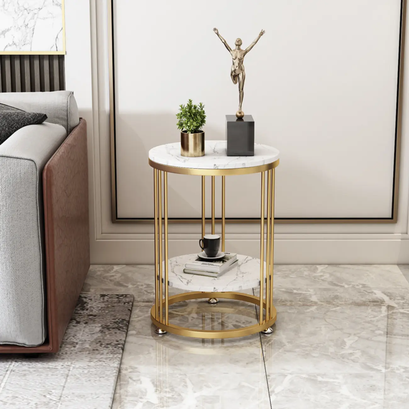 Marble Round End Table for Living Room with Storage