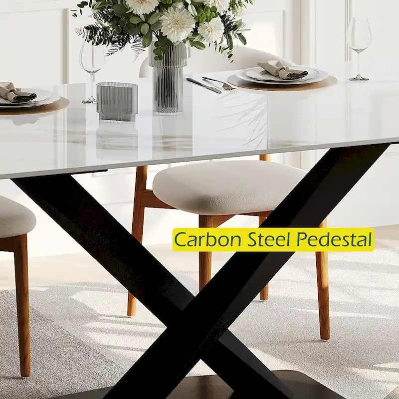 Modern Rectangular Dining table with Glossy Sintered Stone Table top, White Kitchen Table