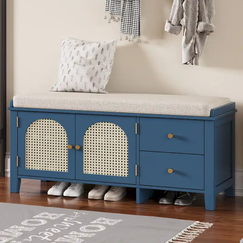 Shoe Bench with Cushion & 2 Rattan Doors, 2 Drawers – Navy / Espresso / White / Natural