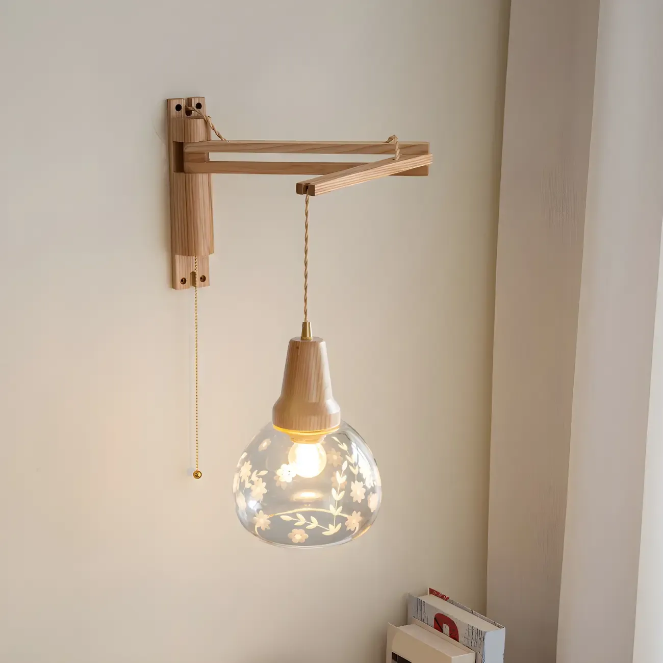 Rustic Wood Clear Glass Swing Arm Wall Light