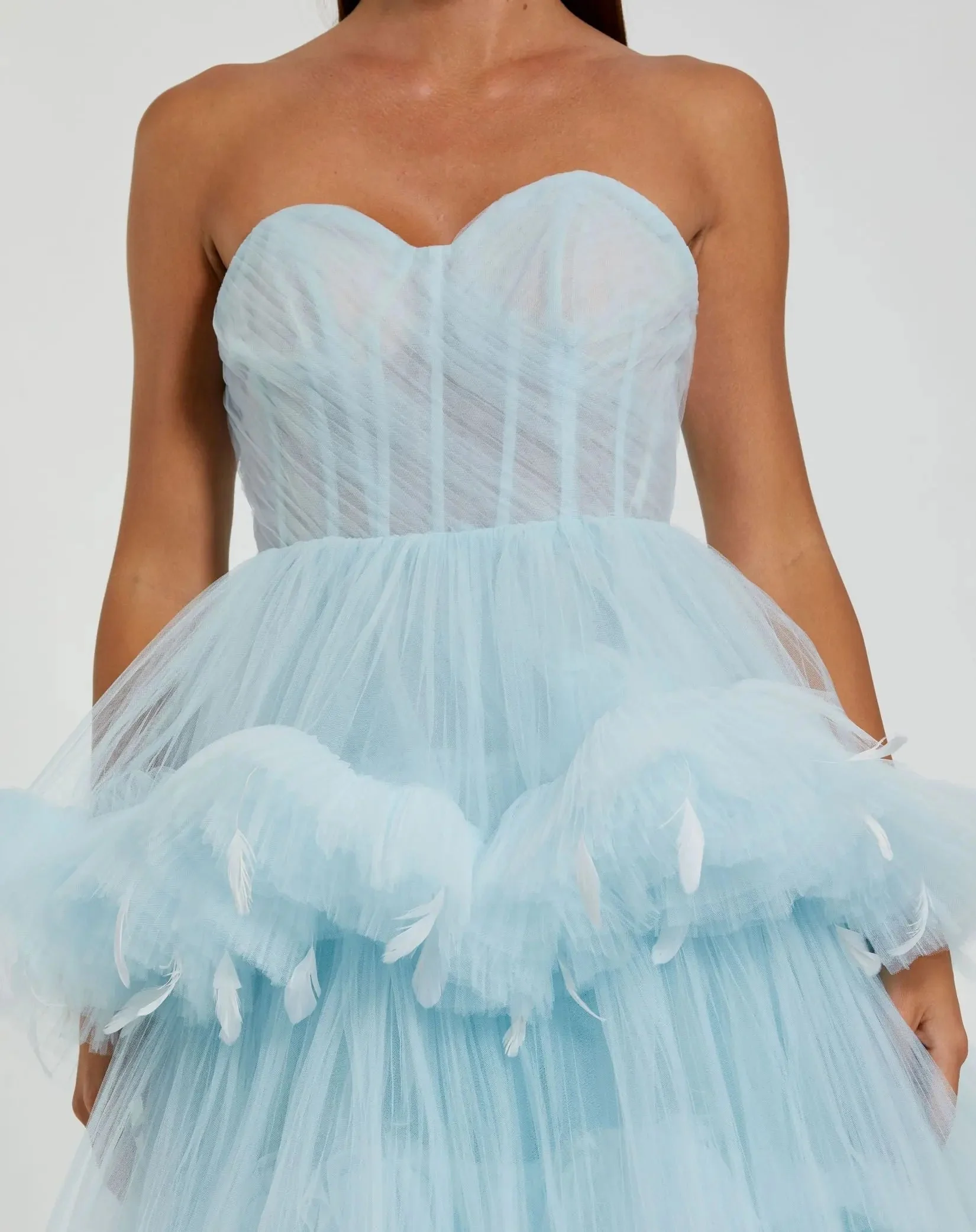 Blue Strapless Tulle Gown with Feather Detail  - FINAL SALE