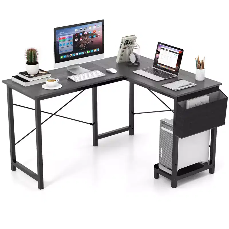 Costway L-Shaped Computer Desk Reversible Home Office Desk with Side Storage Bag & Host Stand Dark Gray