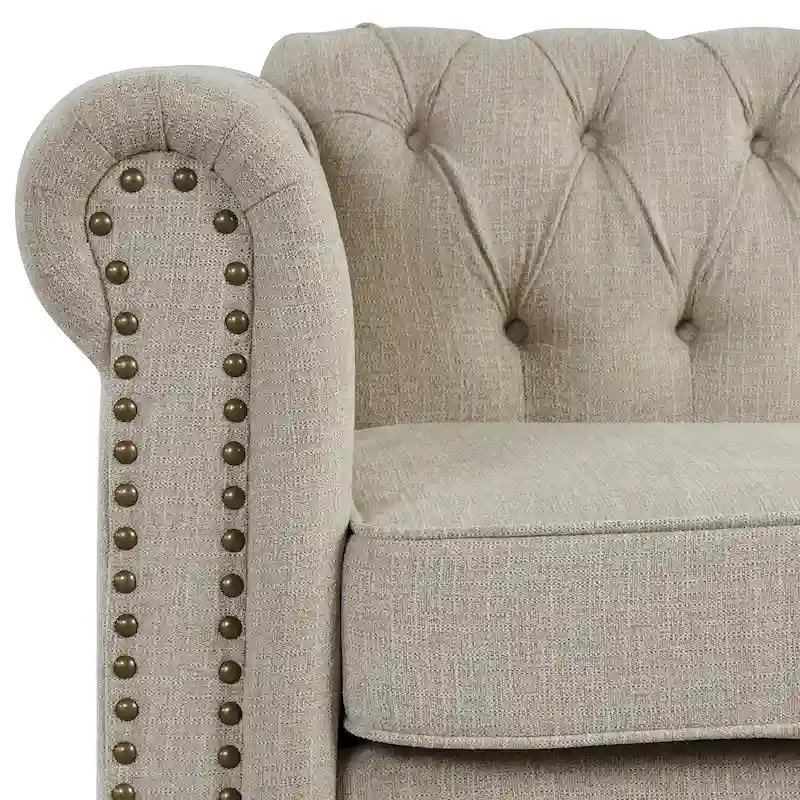 Linen Chesterfield Sofa with Button Tufted, Nailhead and Solid Wood Legs