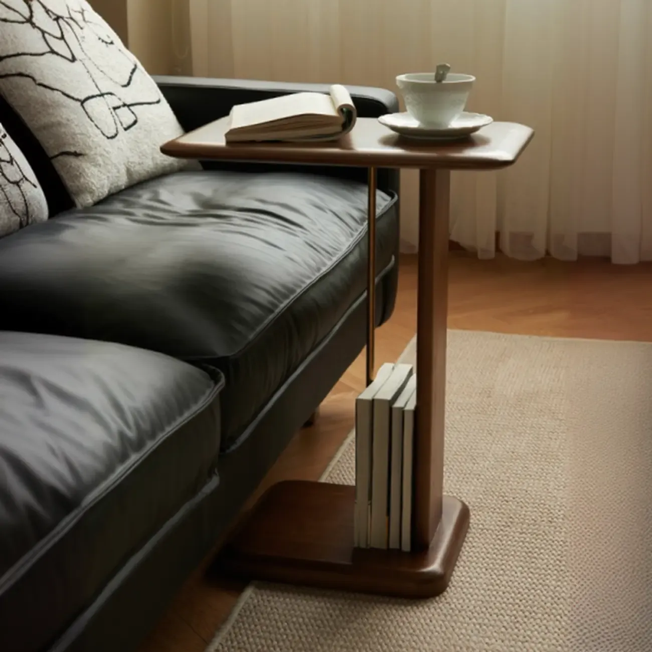 Minimalist Wood Narrow C Side Tables with Book Holder