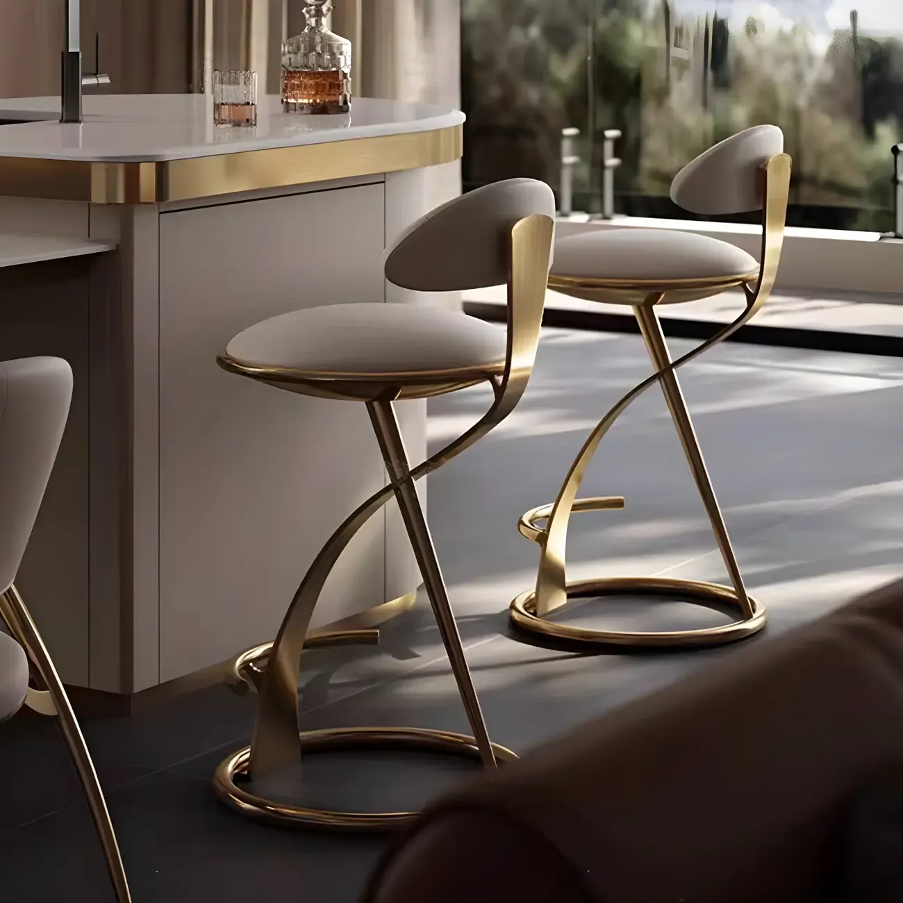 Luxury Gold Metal Frame Sleek Beige Leather Bar Stool