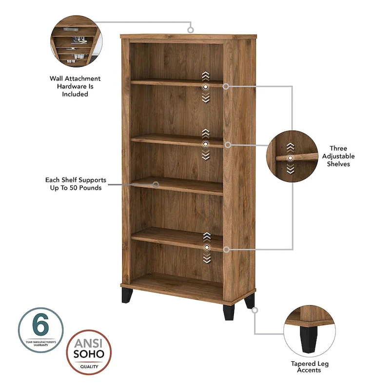 Somerset 60W Office Desk with Cabinet and 5 Shelf Bookcase