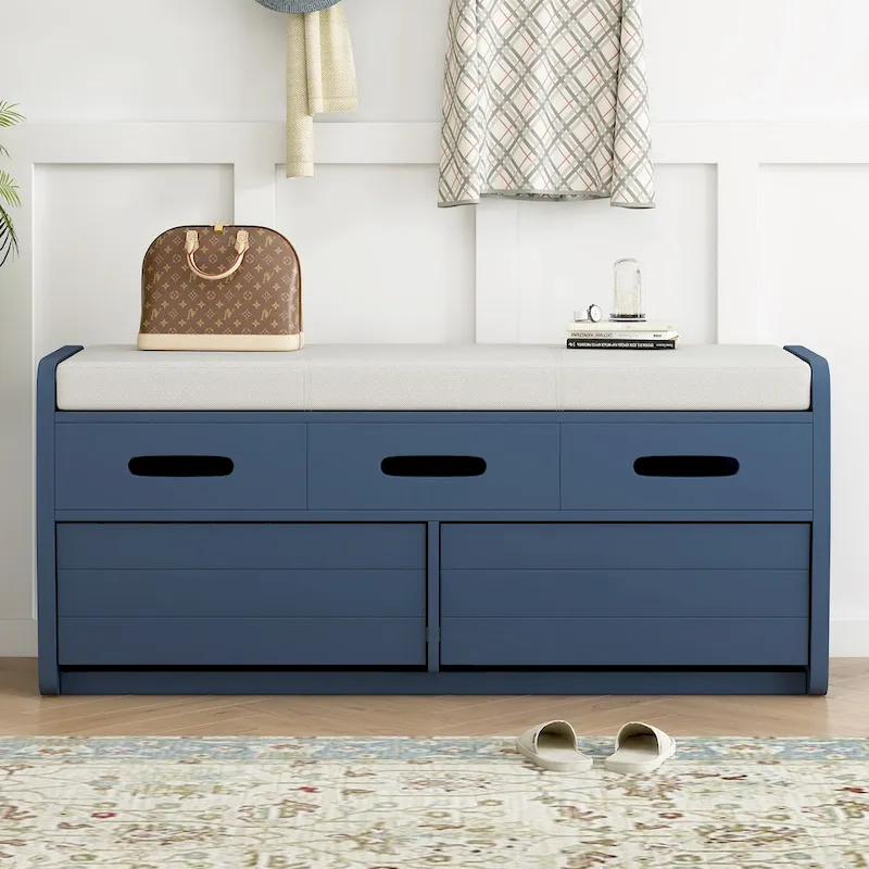 Rustic Storage Bench with 2 Drawers, Hidden Storage Space, and 3 False Drawers at the Top, Shoe Bench for Living Room, Entryway