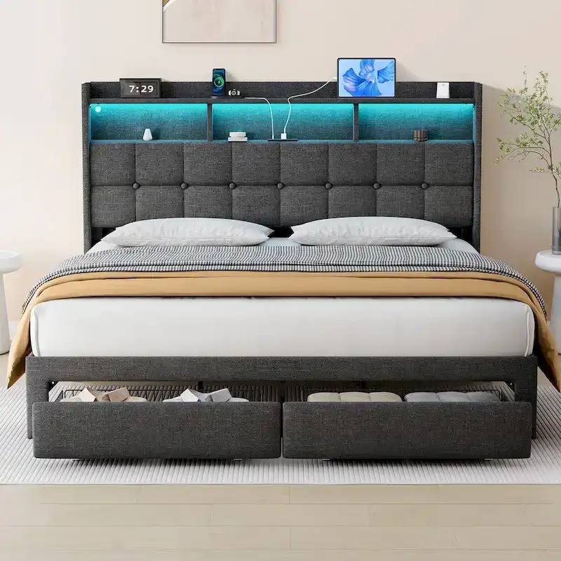 King Platform Bed with Charging Headboard, RGB Lights & 20W USB Ports