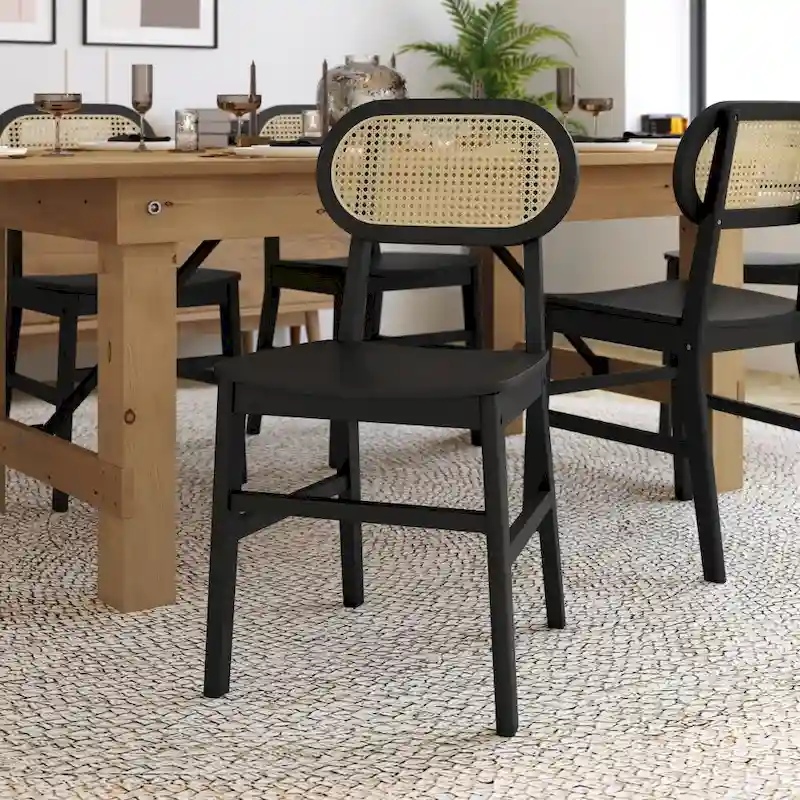 Woven Back Wood Framed Cane Rattan Chairs with Wood Seats - 2 Pack