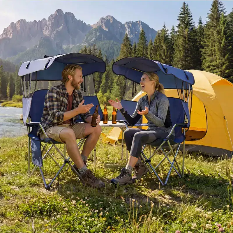 VEVOR Camping Chair with Canopy Shade, Folding Beach Chair with Canopy & Magazine Pocket, 2 Cup Holders, 330 lbs Heavy Duty Support, Carry Bags, Blue
