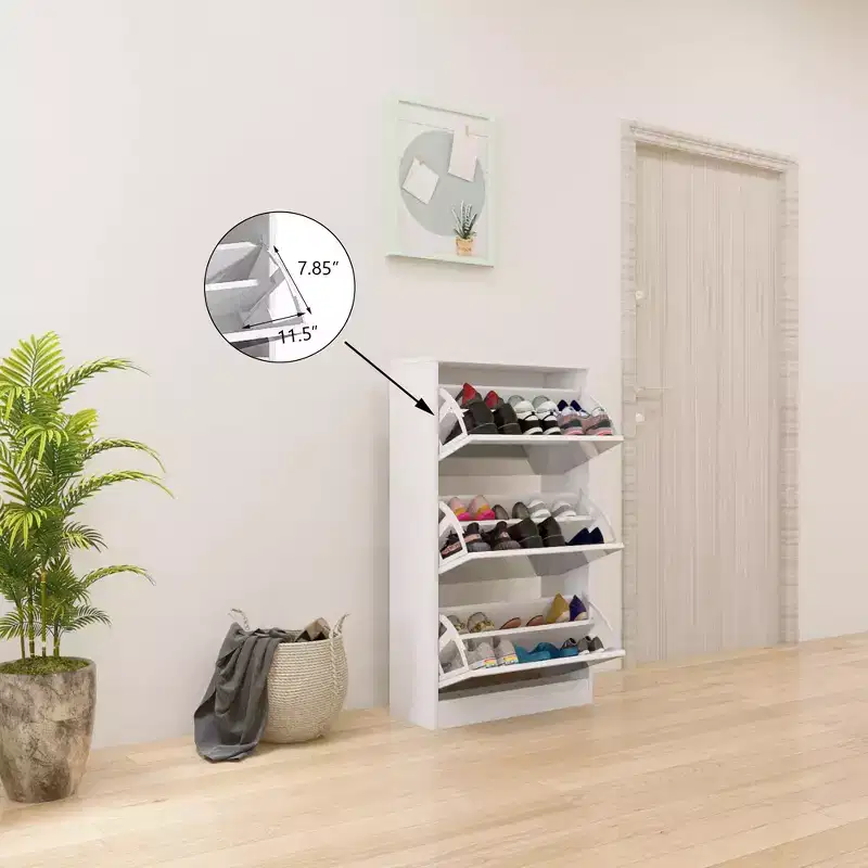 Slim Shoe Storage Cabinet with Full-Length Mirror, 3-Tier Flip Drawers, White, Holds 18 Pairs
