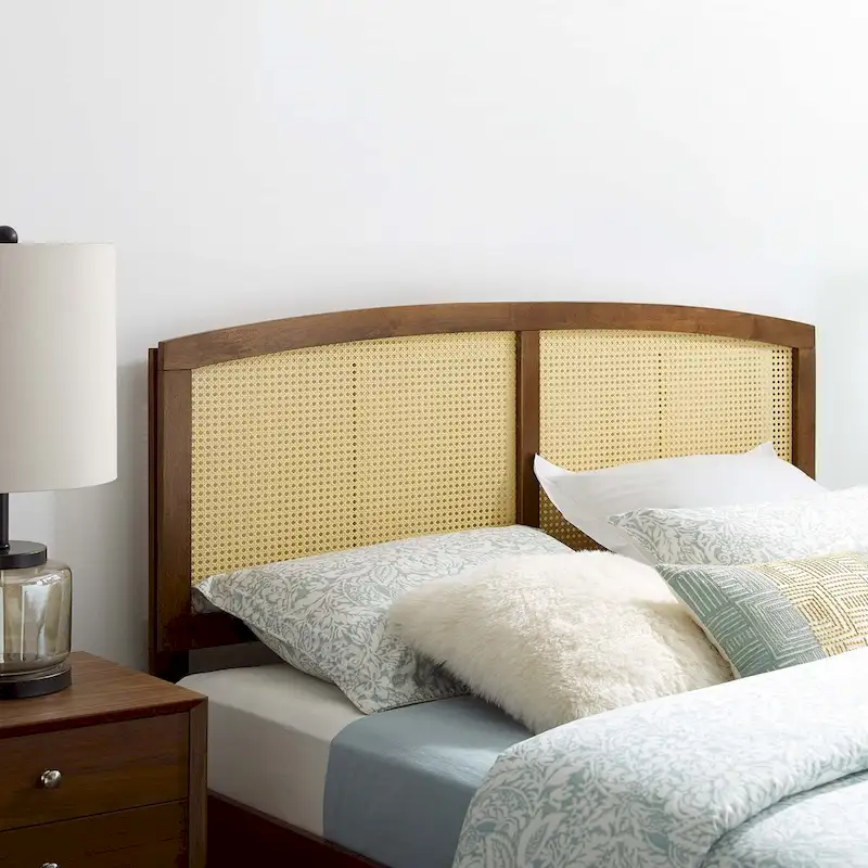 Walnut / Gray / Black Rattan Cane Arched Queen Headboard with Solid Rubberwood Frame – Single