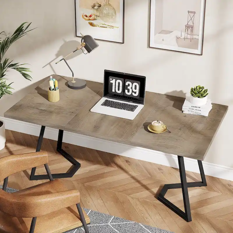 Home Office Computer Desk, White Gold 55 In Faux Marble Executive Desk