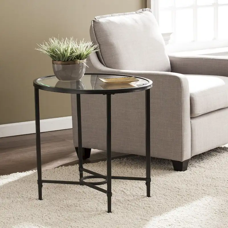 Oval Tempered Glass Side Table – Black Metal Scrollwork Frame