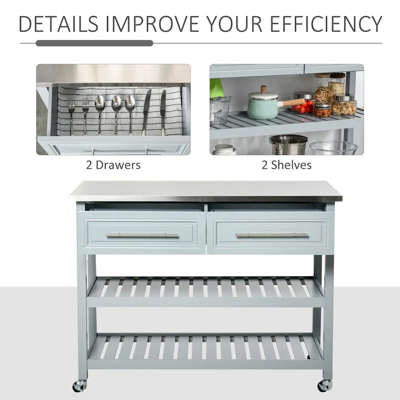 HOMCOM Kitchen Island Stainless Steel Top Rolling Utility Cart with Drawers, Shelves - Grey