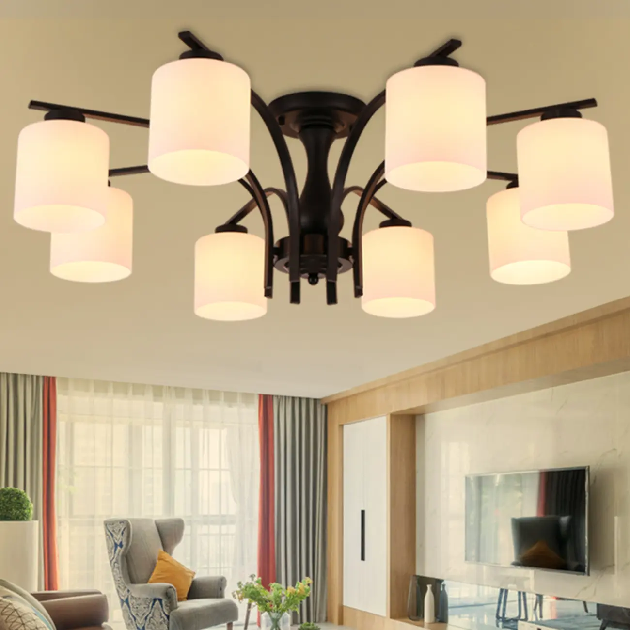 Traditional Black Cylinder Glass Semi-Flush Mount Ceiling Light