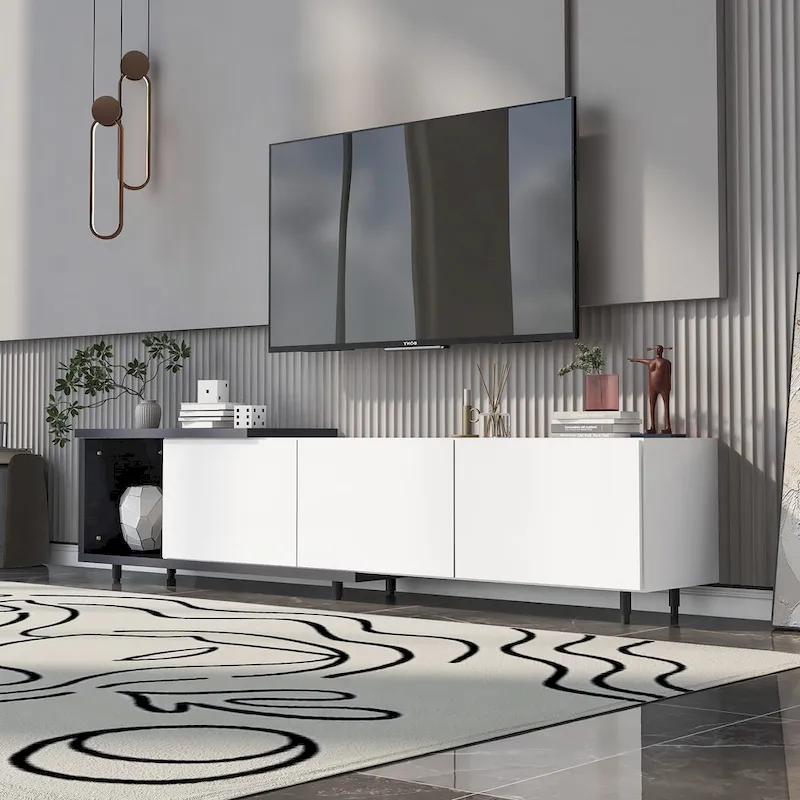 White Modern Extendable TV Stand with 3 Drawers and Shelf for TVs Up to 80