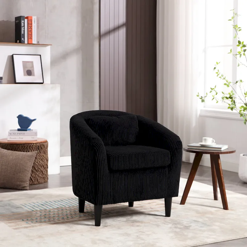 Beige / Gray / Emerald / Black / Camel / Blue Corduroy Barrel Accent Chair with Wood Legs – 1 Person