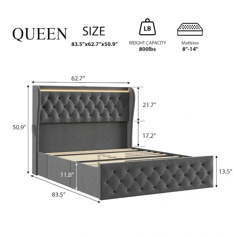 Velvet Upholstered Bed Frame with Wingback Headboard