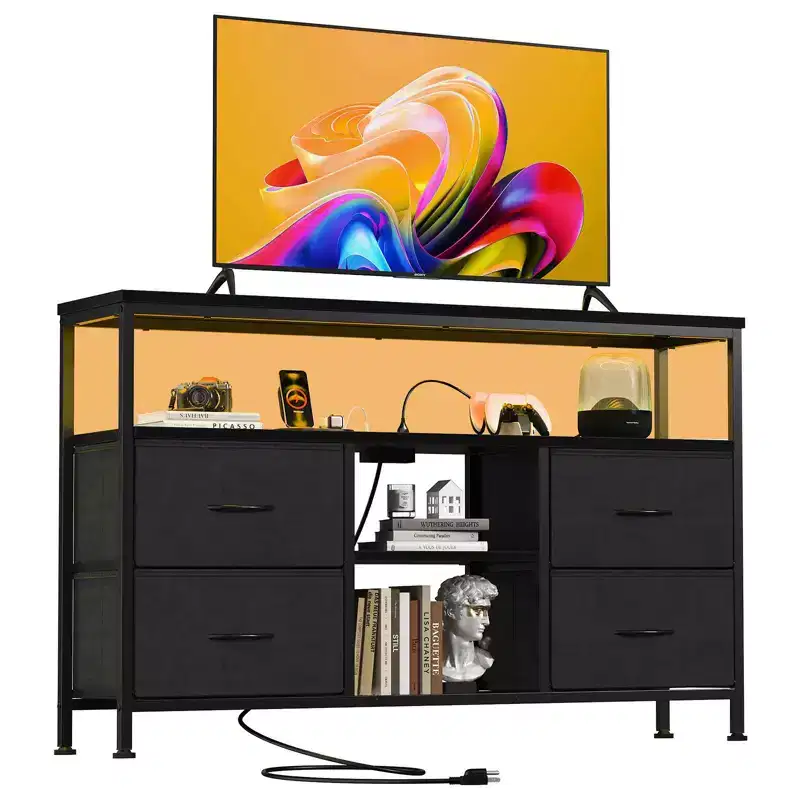 JIONJOY 43 TV Stand with 4 Fabric Drawers, Built-in Outlet & LED Lights - Fits 50 TVs for Living Room Bedroom