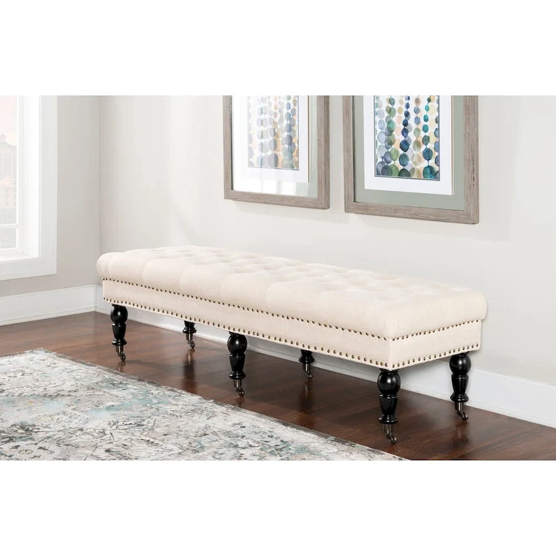 Tufted Linen Entryway Bench – Off-White, Button-Tufted, Seats 2