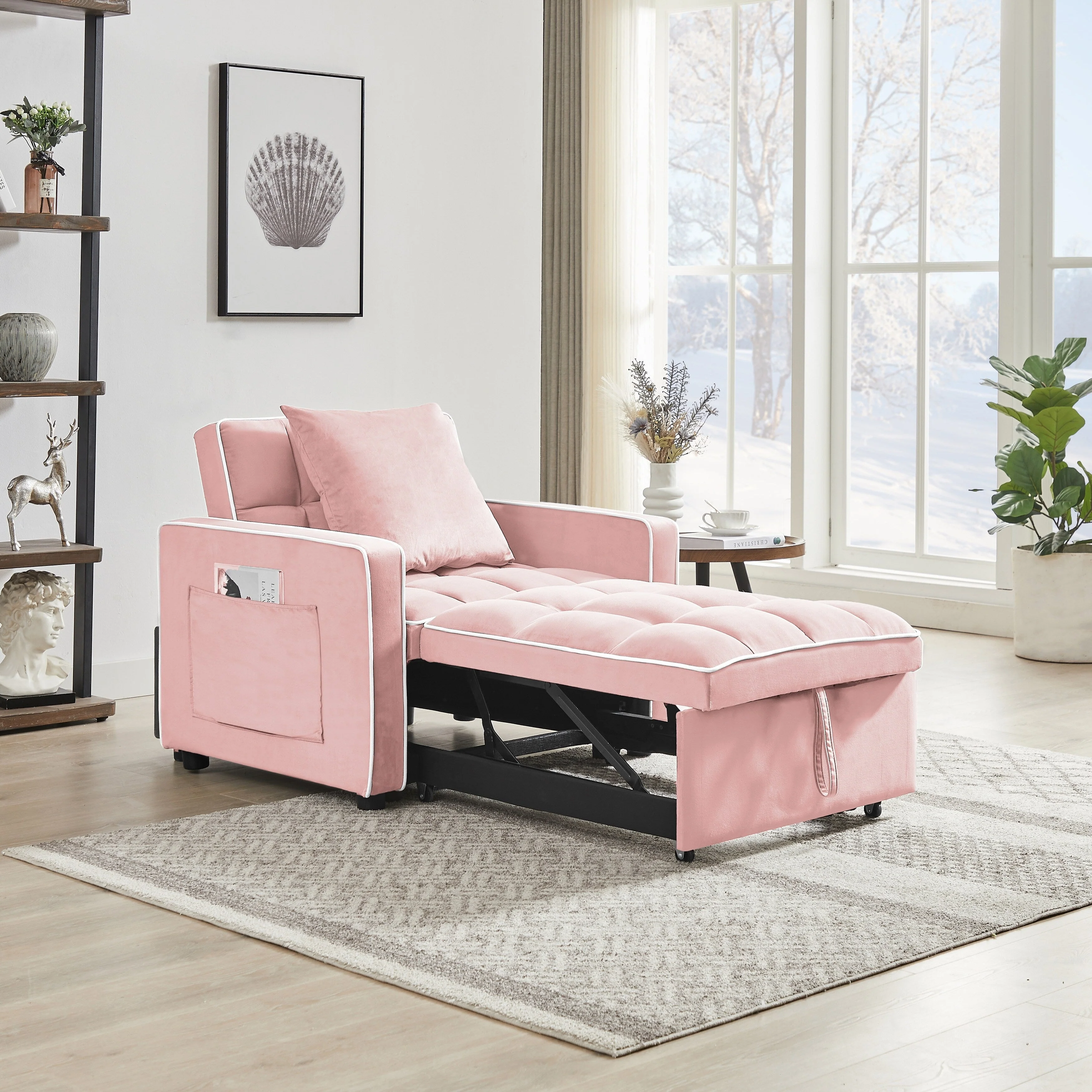 Pink Velvet Single Sofa Bed with Adjustable Back