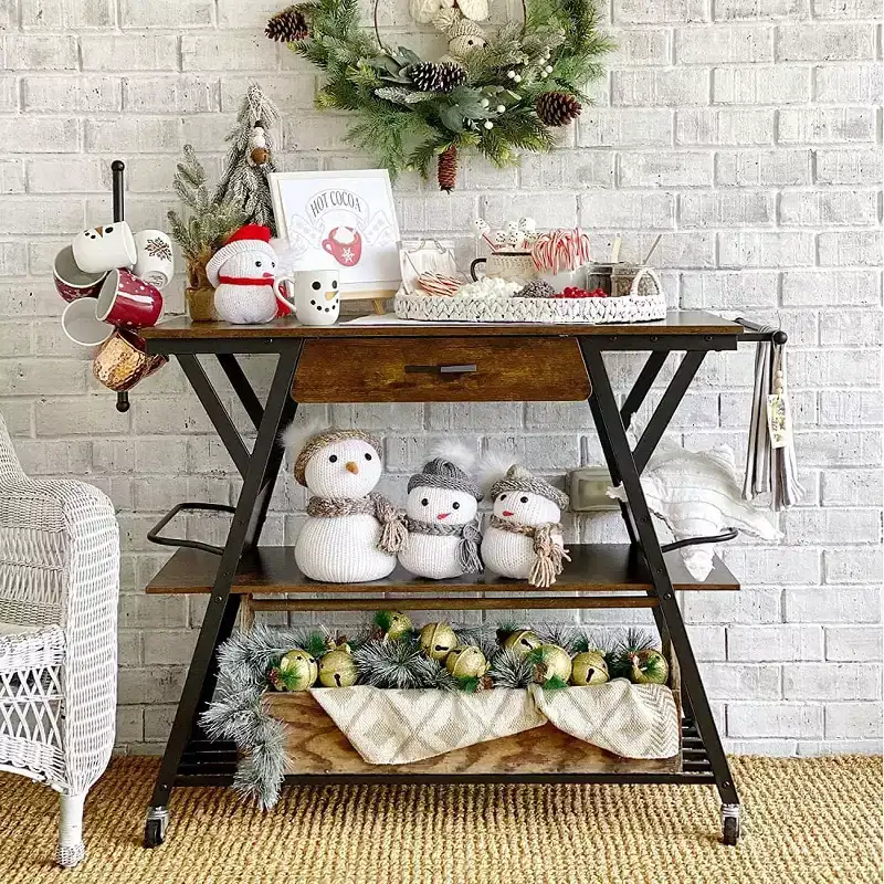 Rustic Brown / Vintage Dark Grey Rolling Kitchen Cart with 3-Tier Shelf, Lockable Wheels