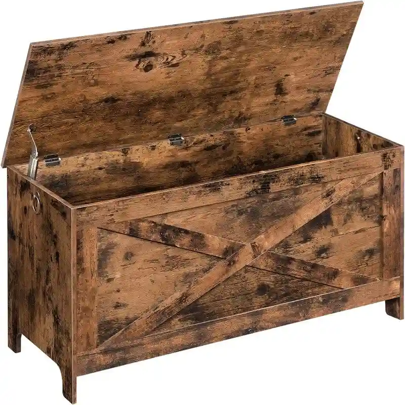 Barn Door Style Storage Bench, 2-Seat — White / Greige / Rustic Brown