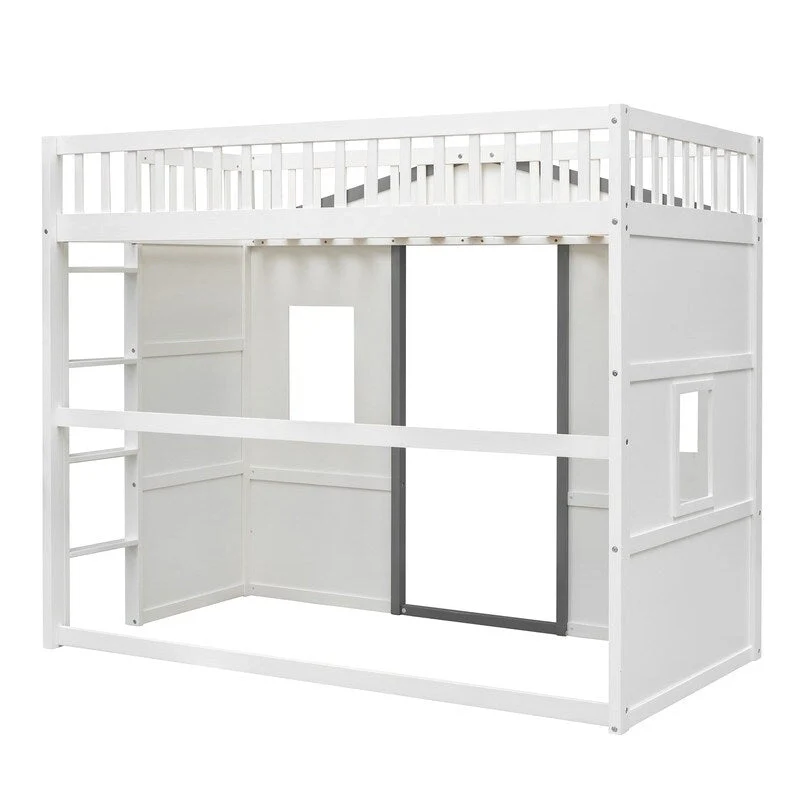 White / Gray Twin Loft Bed with Ladder – House Style, 1-Person