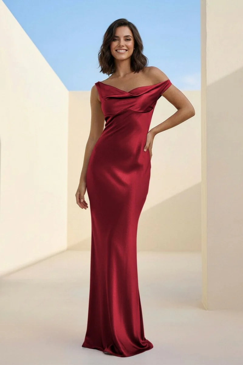 Fuchsia - One Shoulder Sheath Satin Long Prom Dresses