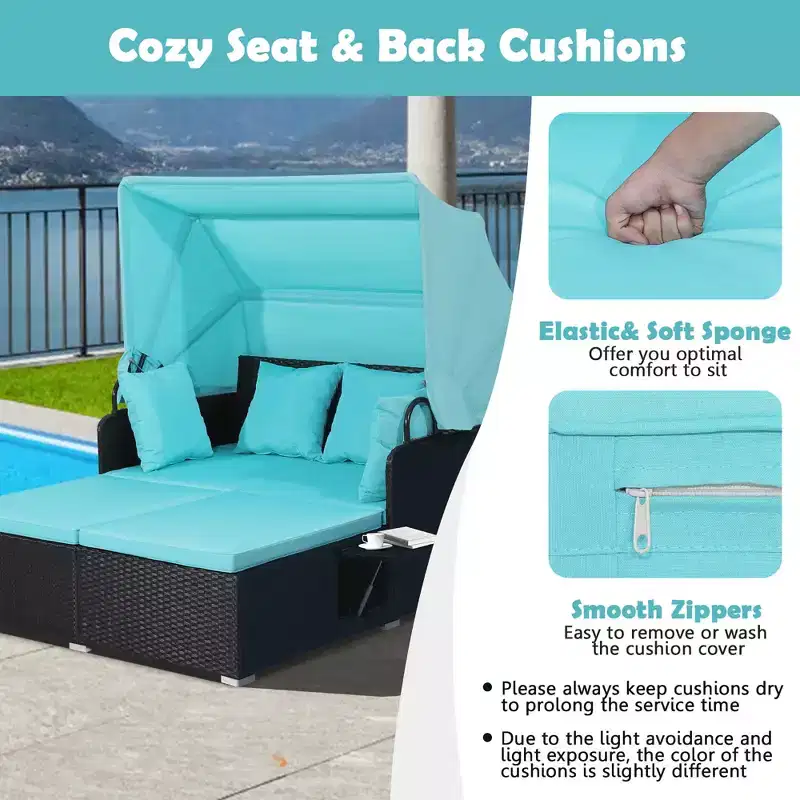 Costway Patio Rattan Daybed Lounge Retractable Top Canopy Side Tables Cushions Off White/Red/Turquoise/Beige