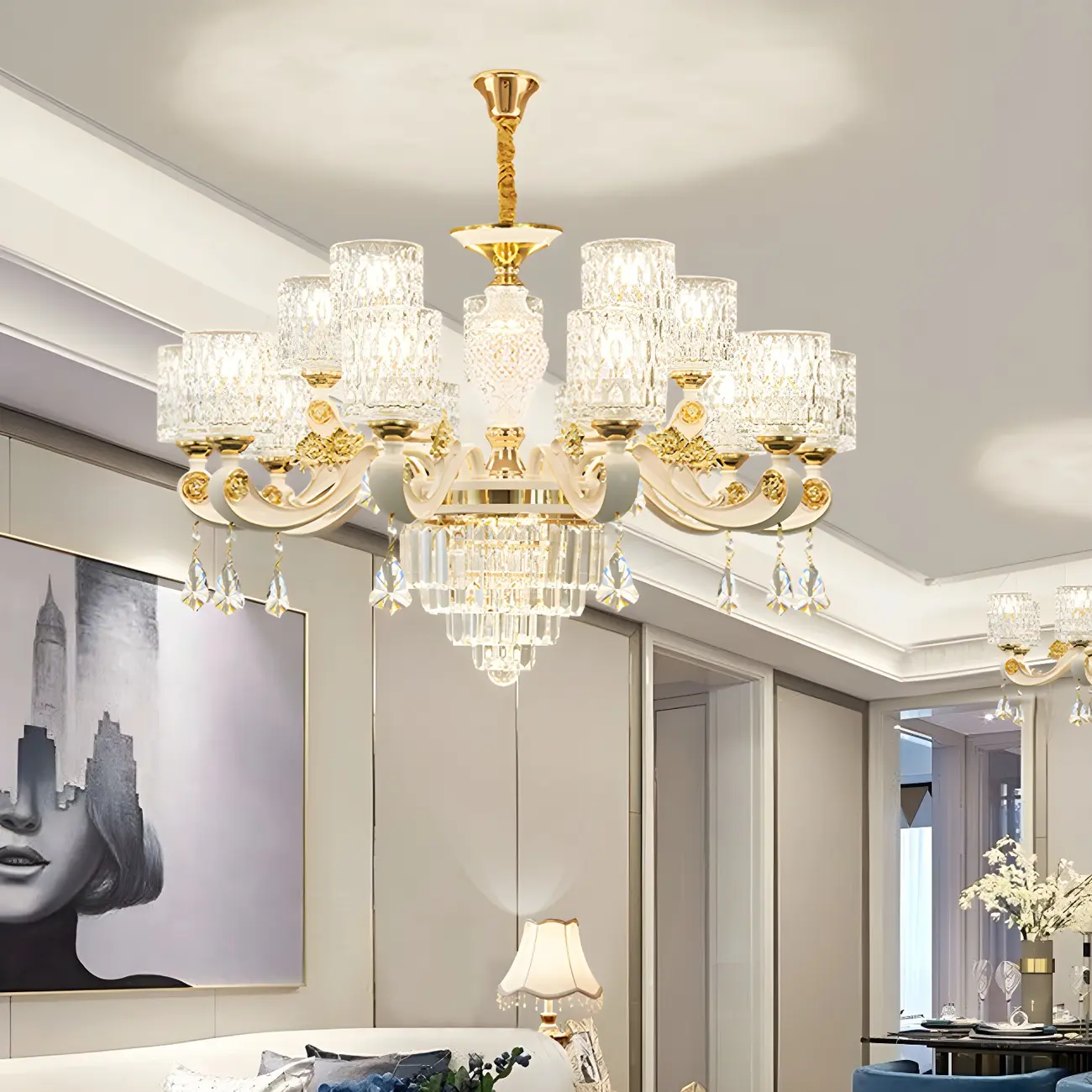 White Gold Cylinder Ripple Glass Chandelier with Crystal