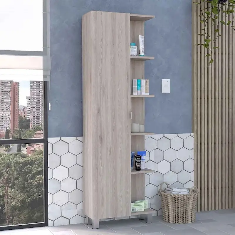 Corner Cabinet Womppi, Five Open Shelves, Single Door, Light Gray Finish,High quality and durable