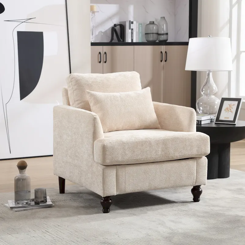 Chenille Upholstered Mid Century Modern Wood Frame Armchair for Living Room
