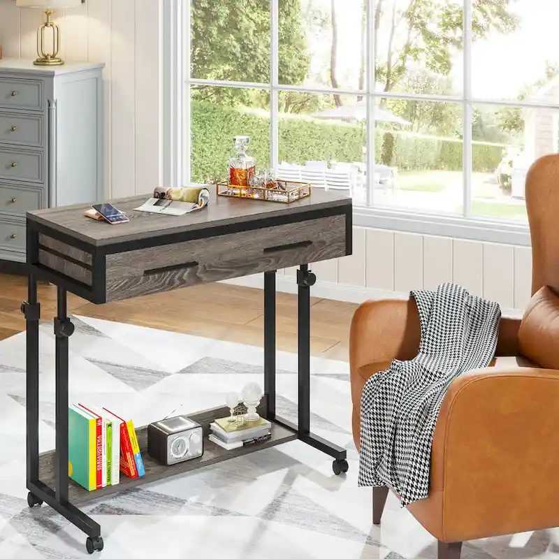 Height-Adjustable Side Table with Drawers and Wheels