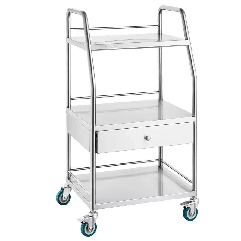 VEVOR Lab Serving Cart, 3 Layers Stainless Steel Utility Rolling Cart, Medical Cart with A Drawer, Dental Utility Cart with Lockable Wheels