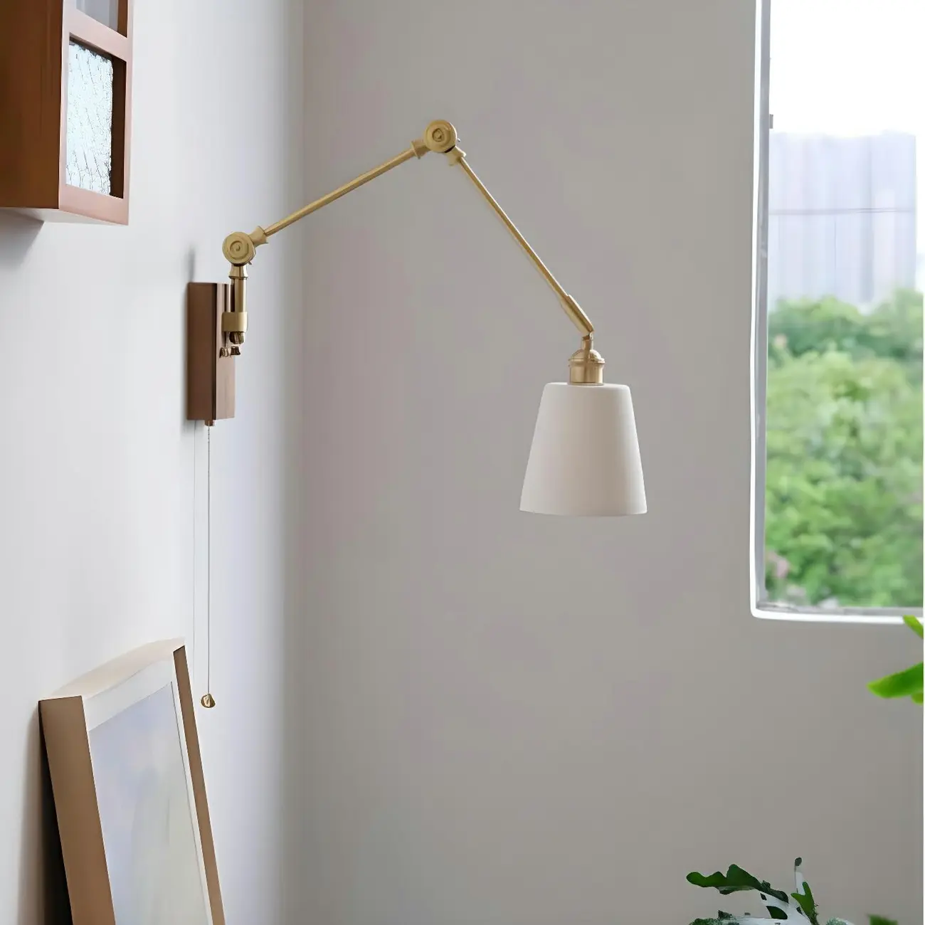 Antique Brass Swing Arm Wall Light with White Ceramics Shade