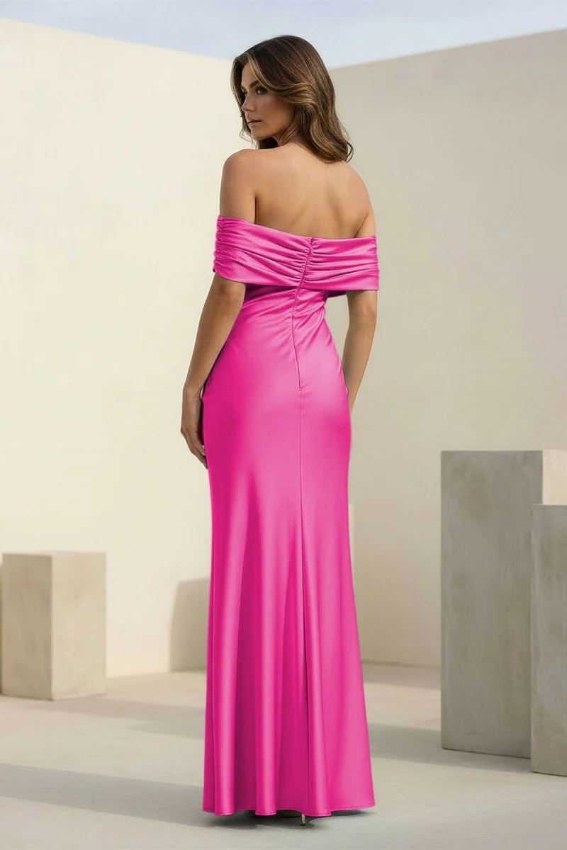 Aqua Sheath Off The Shoulder Satin Long Prom Dresses