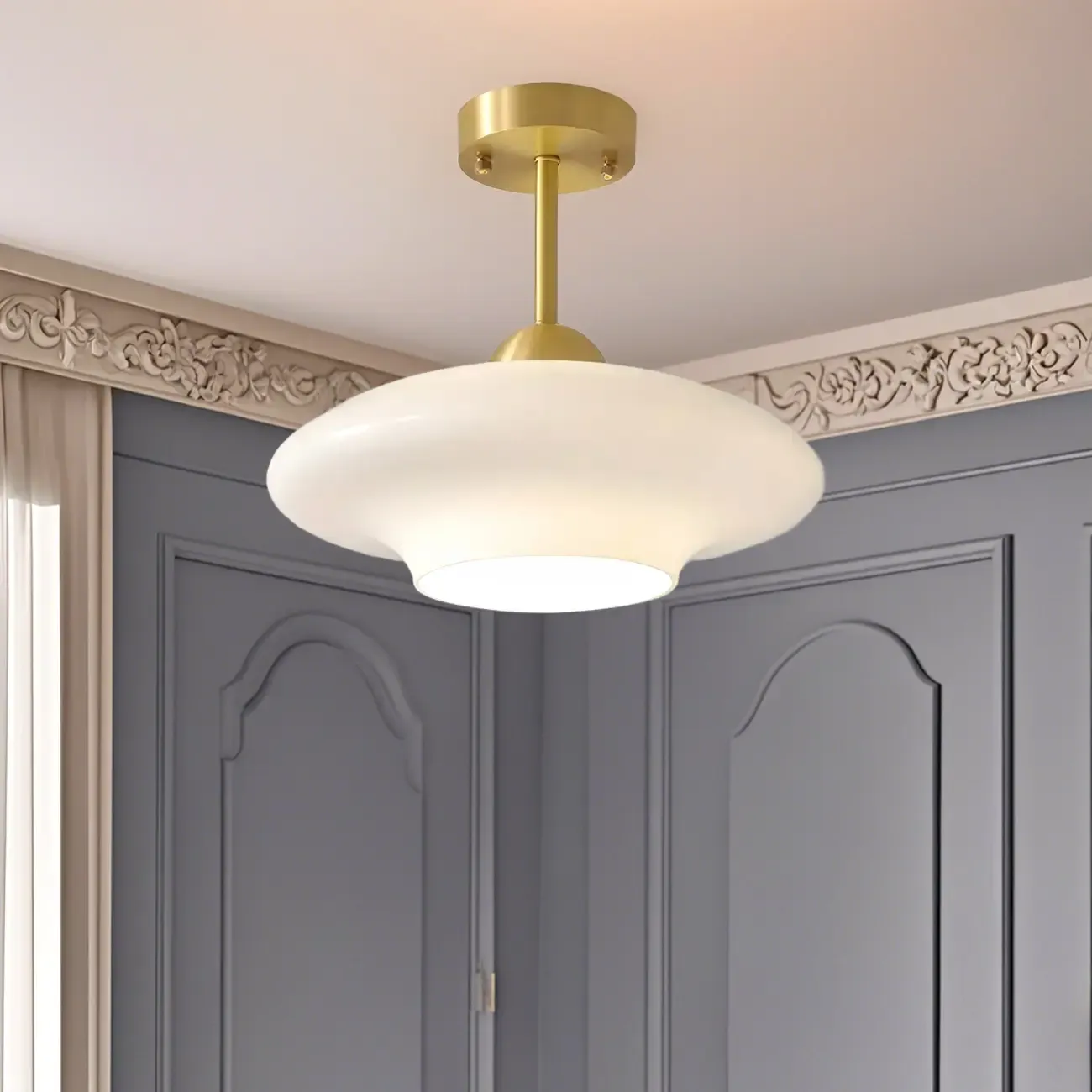 White Round Glass Shade Gold Semi Flush Ceiling Light