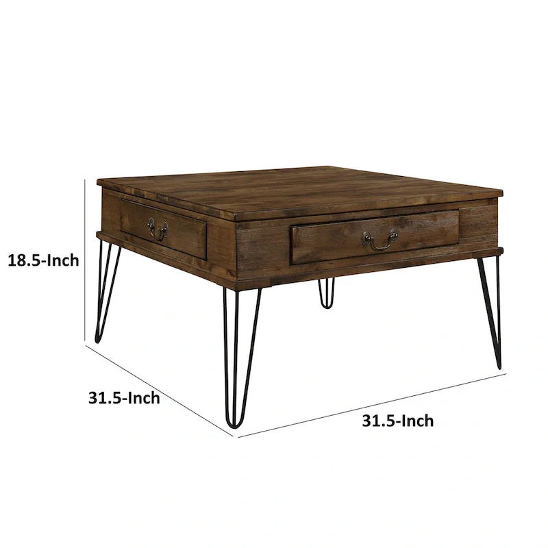 32 Inch Square Cocktail Coffee Table - Brown Wood, Black Legs - 2 Drawers