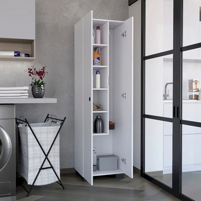 Slim Broom Cabinet with Inner Shelves & Side Broom Hangers — White