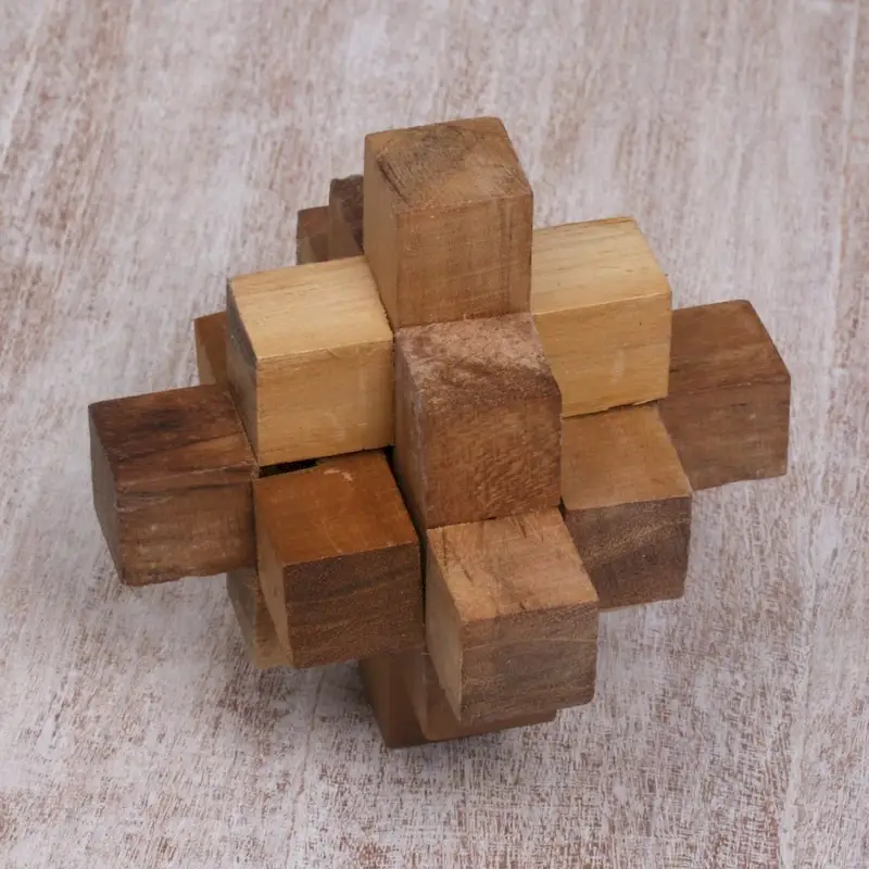 Handmade Teakwood Puzzle, 'Challenge' (Indonesia) - 3.9  H x 3.9  W x 3.9  D