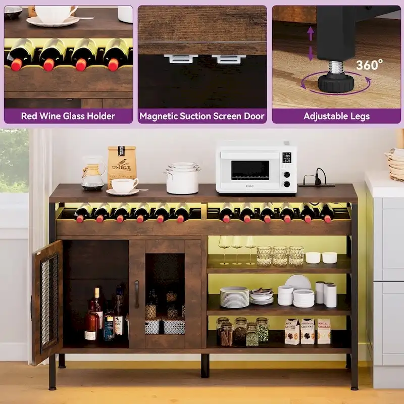 Brown 55-Inch Bar Cabinet with LED Lights & Power Outlets, Industrial Style