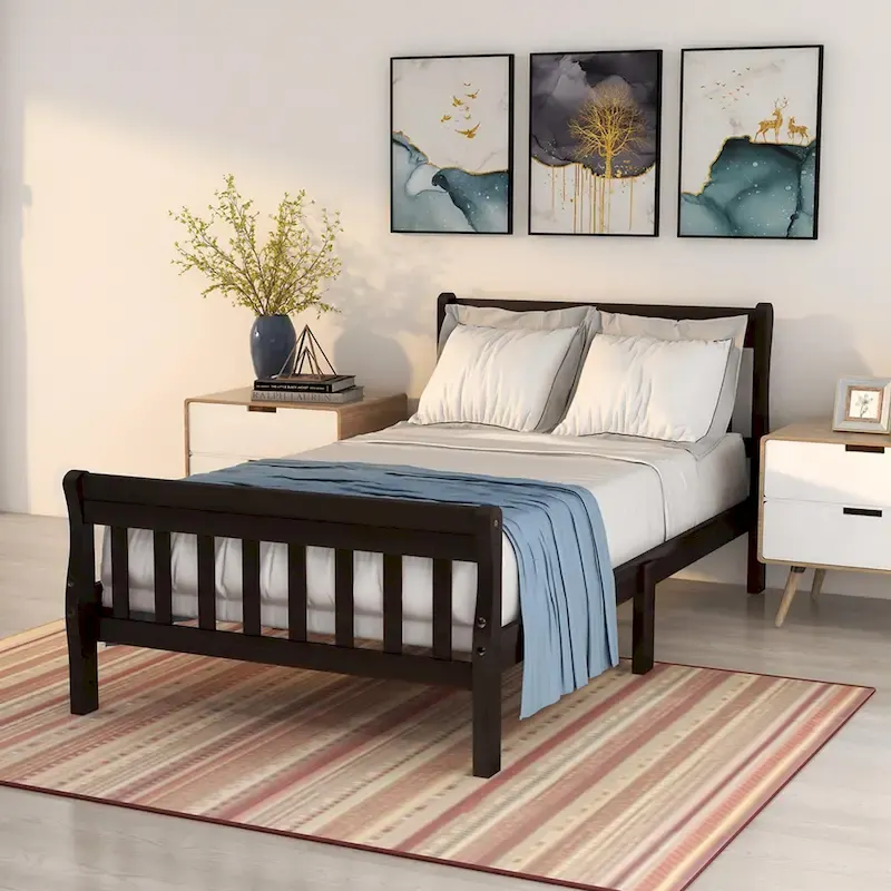 Twin Size Wood Platform Bed with Headboard and Footboard