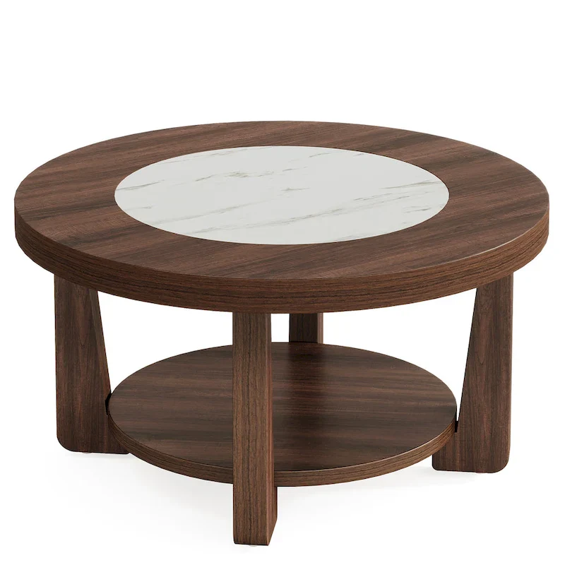 Brown/ White Wood Round 2-Tier Coffee Table for Living Room