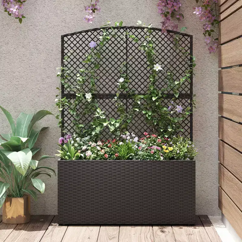 Costway 1/2 PCS 58 Raised Garden Bed with Trellis, Wicker Planter Box with Privacy Screen Brown/Black