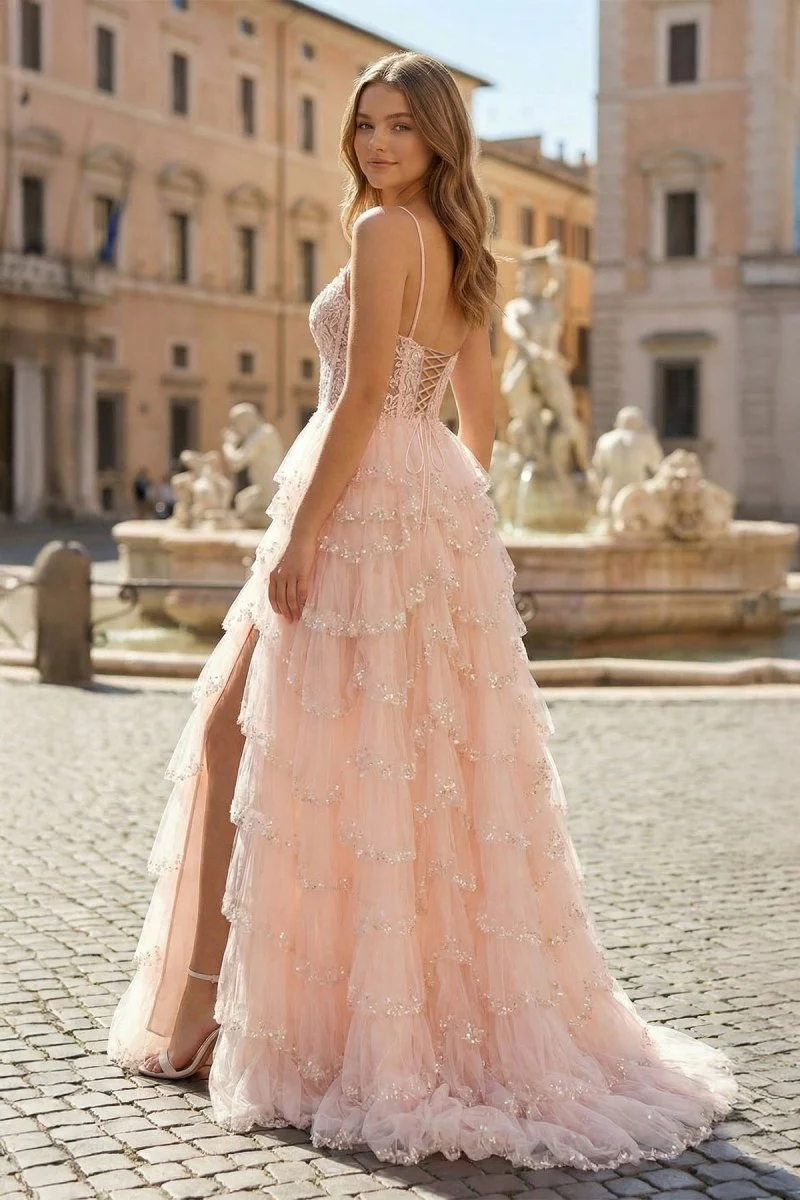 Straps Black Mesh Cutout Sequined Layered Long Prom Dress