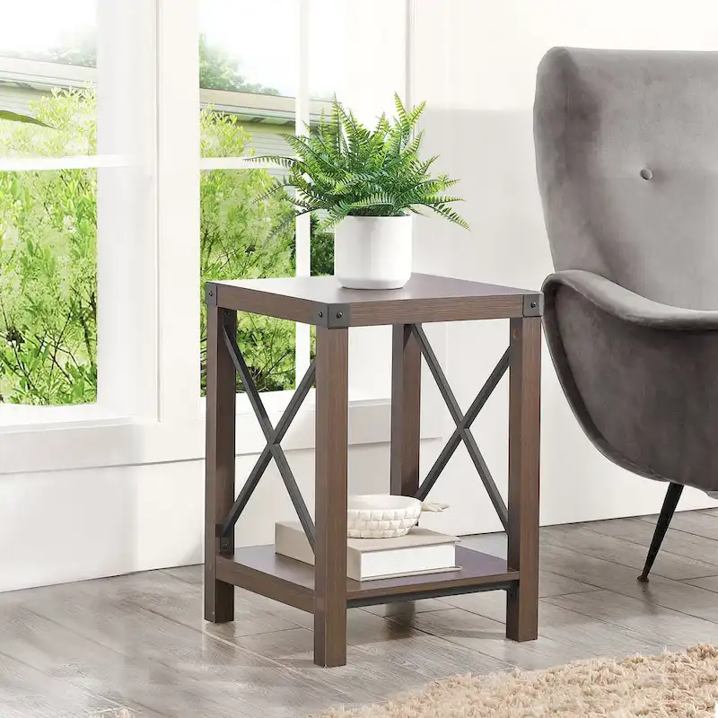 Grey/Brown 2-Tier End Table with Storage Shelf, Metal Frame & Wood Top